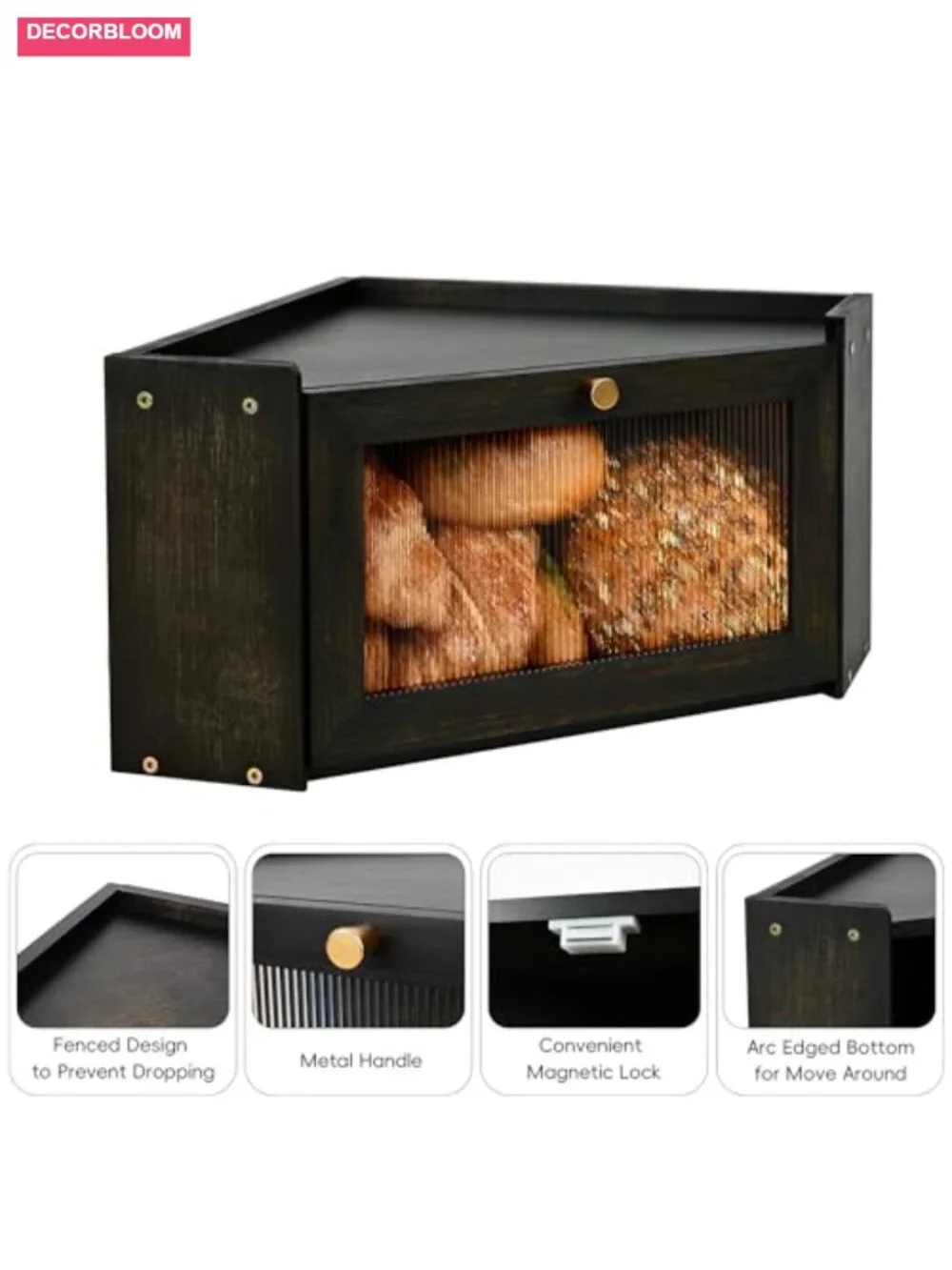 Bamboo Bread Box with Acrylic Window Black | Large Kitchen Countertop Bread